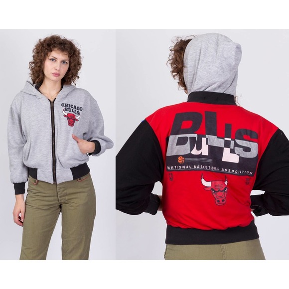 90s Chicago Bulls Reversible Hoodie - Petite Medium | Distressed NBA Basketball - Picture 1 of 10